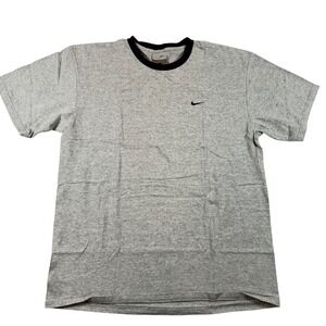 Nike Vtg Y2K Ringer T-Shirt Heather Gray Navy Blue Swoosh Mens Lg Short Sleeve